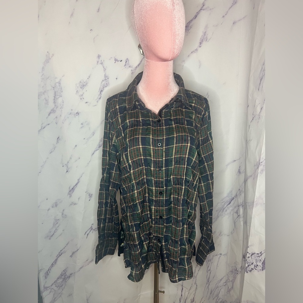 ANDREE BY UNIT Embroidered Cactus Plaid Button Up Long Sleeve Shirt Sz L
